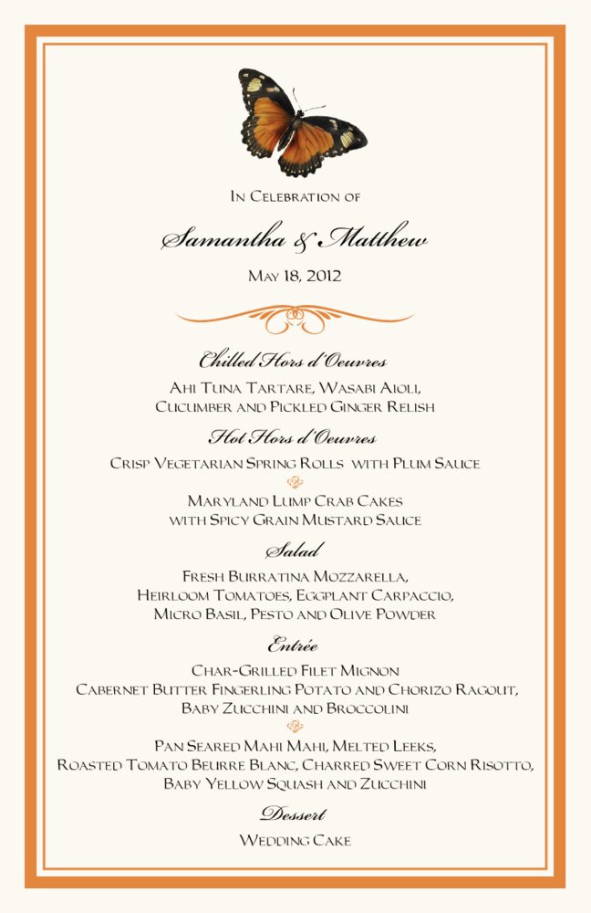 Butterfly Wishes Monarch Butterfly Wedding Menus, Brunch Menu Cards